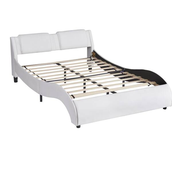 URTR White Wood Frame Full Size Upholstered Platform Bed with LED ...