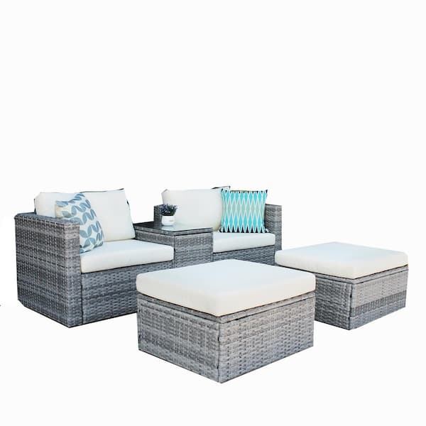 wetiny 5 Pieces Glass top Gray Wicker Sectional Sofa Set