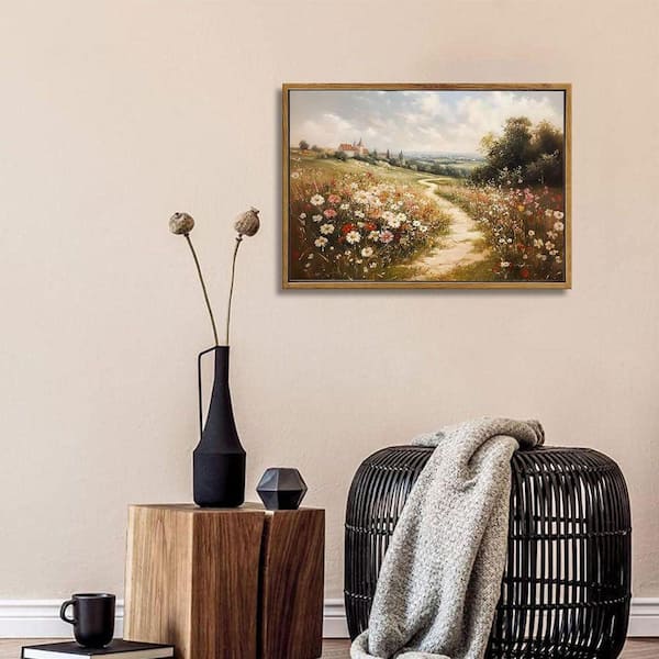 Framed Vintage Wildflower Landscape Canvas Wall Art Decor, 16 in