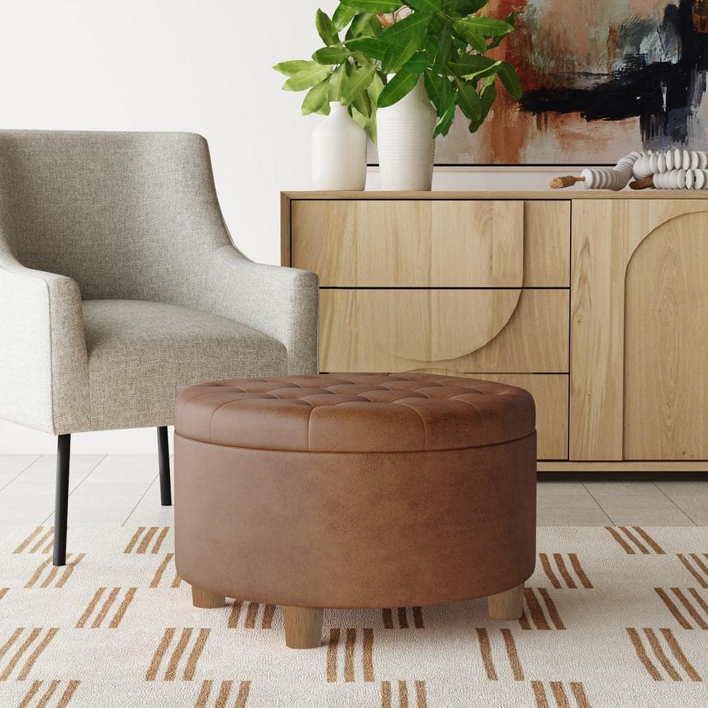 Brown Faux Leather Round Button Tufted Storage Ottoman