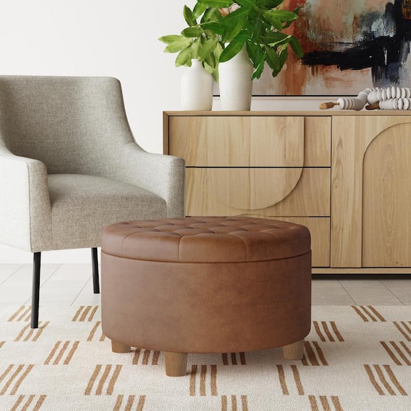 Homepop Brown Faux Leather Round Button Tufted Storage Ottoman