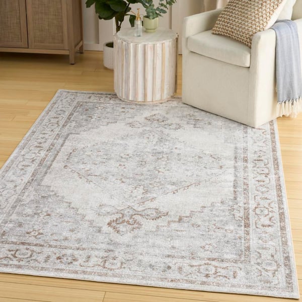 Astra Machine Washable Grey 4 ft. x 6 ft. Center medallion Traditional Area Rug