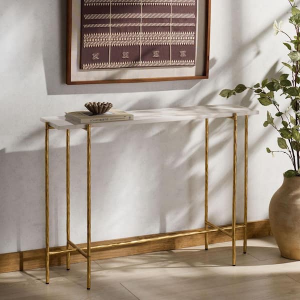 Giorgi 42.1 in. Brass/White Rectangle Marble Top Console Table, Modern Metal Accent for Entryway or Living Room