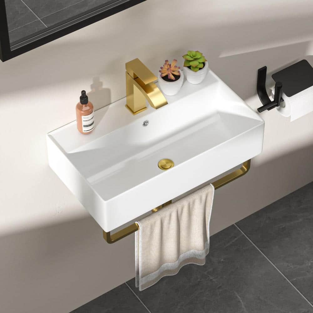 21 In. White Wall-Mounted Vessel Sink, Rectangular Ceramic Floating Sink with Gold Faucet & Towel Rack For Bathroom price history on PriceWatchPro