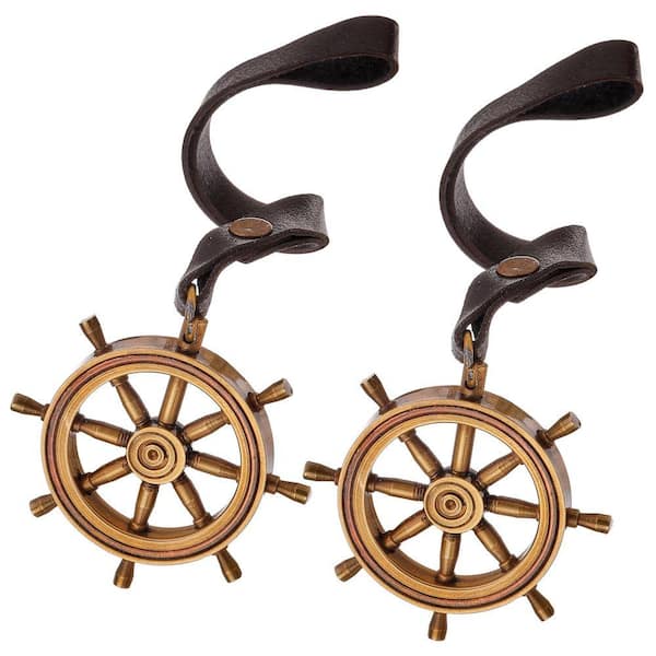 9 in. Brass And Leather Ships Wheel Ornament With Strap (Set of 2)