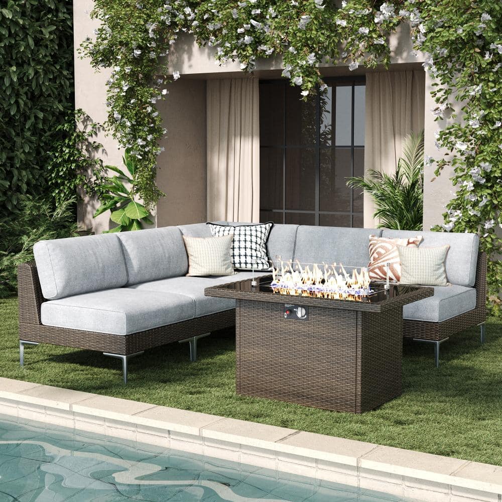 6-Piece Wicker Rattan Patio Sofa Sectional Conversation Set with Fire Pit Table and Gray 6-inch Cushions