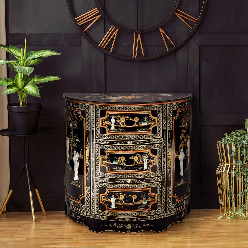 Black Lacquer Half-Moon Cabinet with Mother-of-Pearl Design