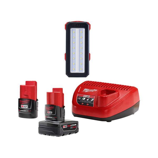Milwaukee M12 12-Volt Lithium-Ion 4.0 Ah and 2.0 Ah Battery Packs and  Charger Starter Kit w/ 700 Lumens Flood Light 48-59-2424-2367-20 The Home  Depot
