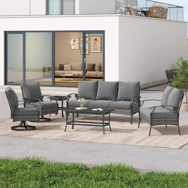 Black 6-Piece Wicker Patio Conversation Sofa and Loveseat and Single Chairs Set and Coffee Table With Gray Cushions