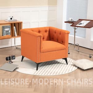 Mid-Century Orange Linen Fabric Comfy Accent Arm Chair with Nailheads and Solid Wood Legs