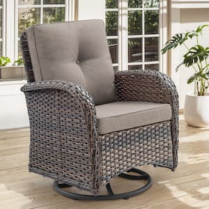 Brown Swivel Wicker Outdoor Rocking Chair with Gray Cushion and Glide Function (1-Pack)