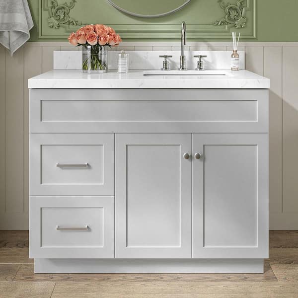 Hamlet 42.25 in. W x 22 in. D x 36 in. H Single Sink Freestanding Bath Vanity in Grey with Carrara White Quartz Top