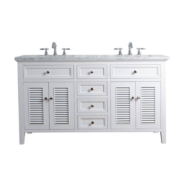 stufurhome 60 in. Genevieve Double Sink Vanity in White with Marble Vanity Top in Carrara with White Basin