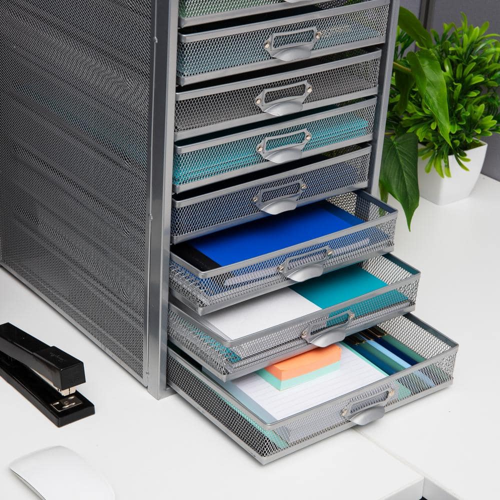 Sleek Silver Metal Mesh 10-Drawer Desktop Organizer Cabinet