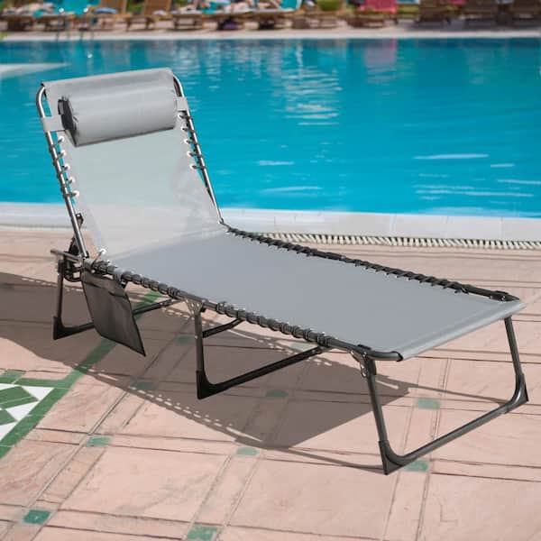 Folding Chaise Lounge Chair with Pillow and Side Pocket, Fully Reclining Outdoor Chair, Dark Gray