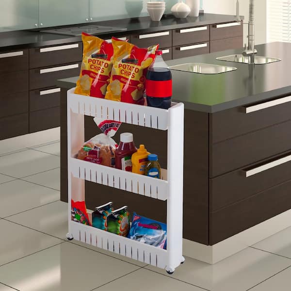 White Slim Rolling Cabinet Storage Bin Polypropylene Kitchen Pantry Organizer 