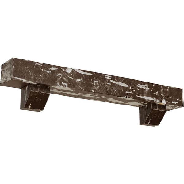 Ekena Millwork 4 in. x 4 in. x 5 ft. Pecky Cypress Faux Wood Fireplace Mantel Kit, Ashford Corbels, Vintage Mahogany