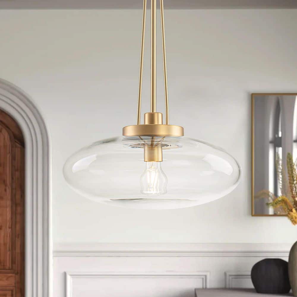 Rennnsan Lunaris 15 in. 1-Light Brushed Brass Modern Oval Pendant
