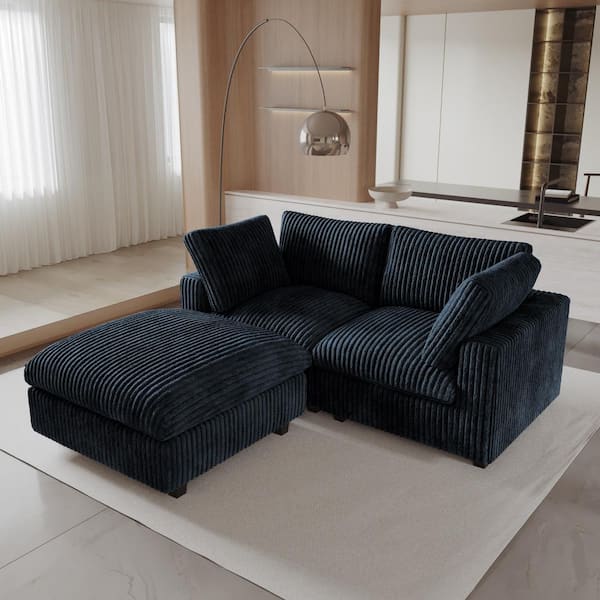 78.74 in. W Square Arm Rabbit Plush Fabric 3-Piece L Shaped Modular Sofa in Black with Ottoman