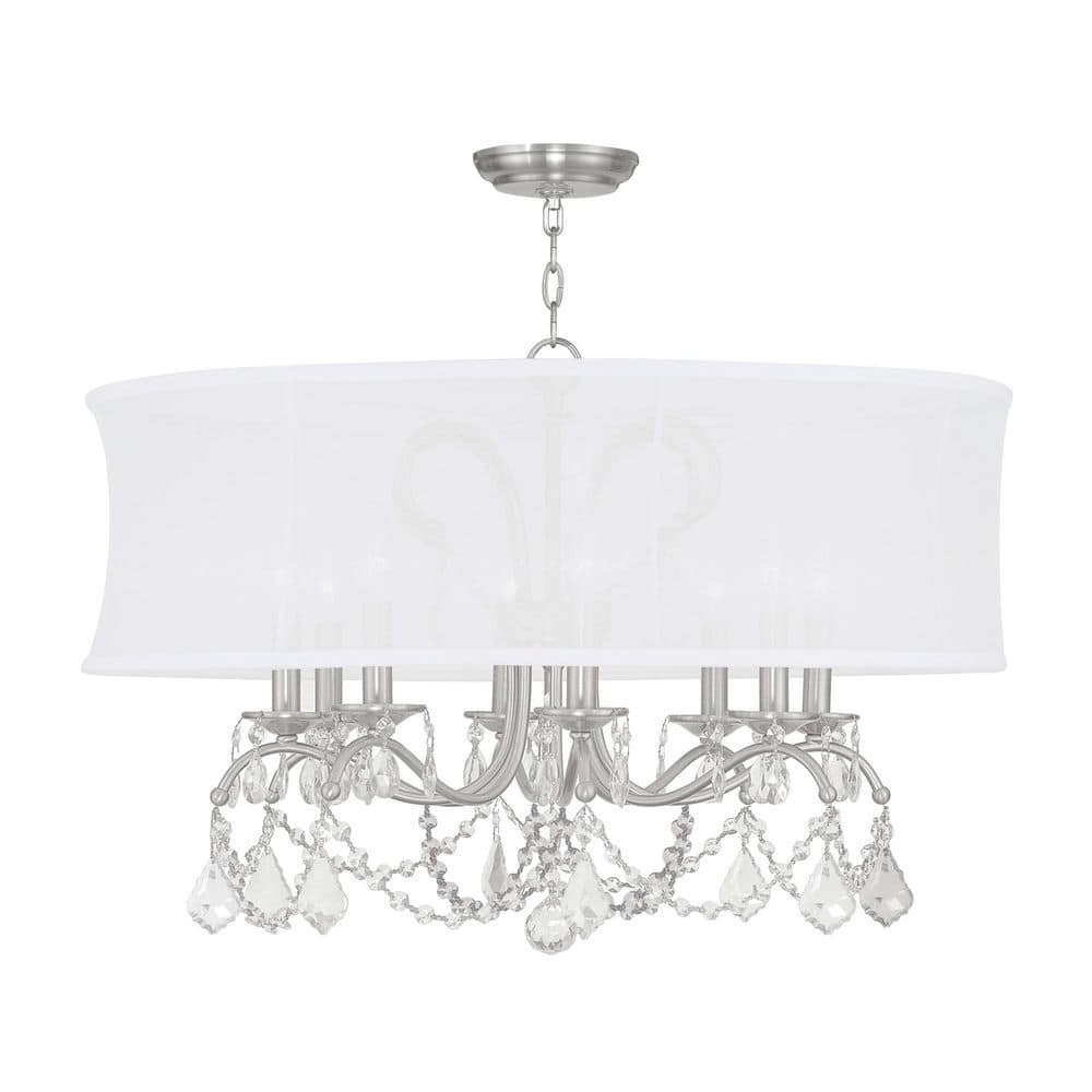 Brushed Nickel and Crystal 8-Light Chandelier with Silk Shade