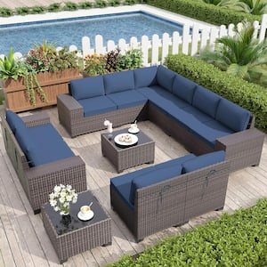 12-Piece Wicker Outdoor Sectional Set with Cushion Navy Blue