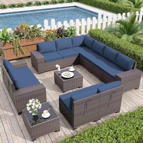 12-Piece Wicker Outdoor Sectional Set with Cushion Navy Blue