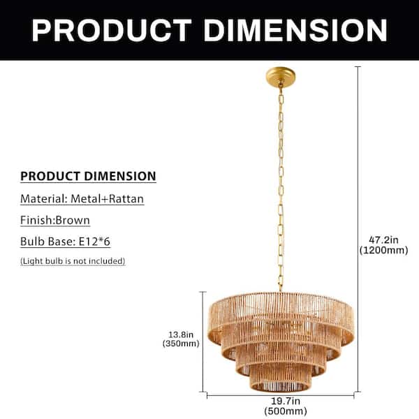 Briignite 20in. 6-Light Hand Woven Rattan Pendant Light for Living