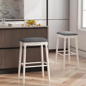 29 in. White and Gray Wood Bar Stool with Faux Leather Seat (Set of 2)