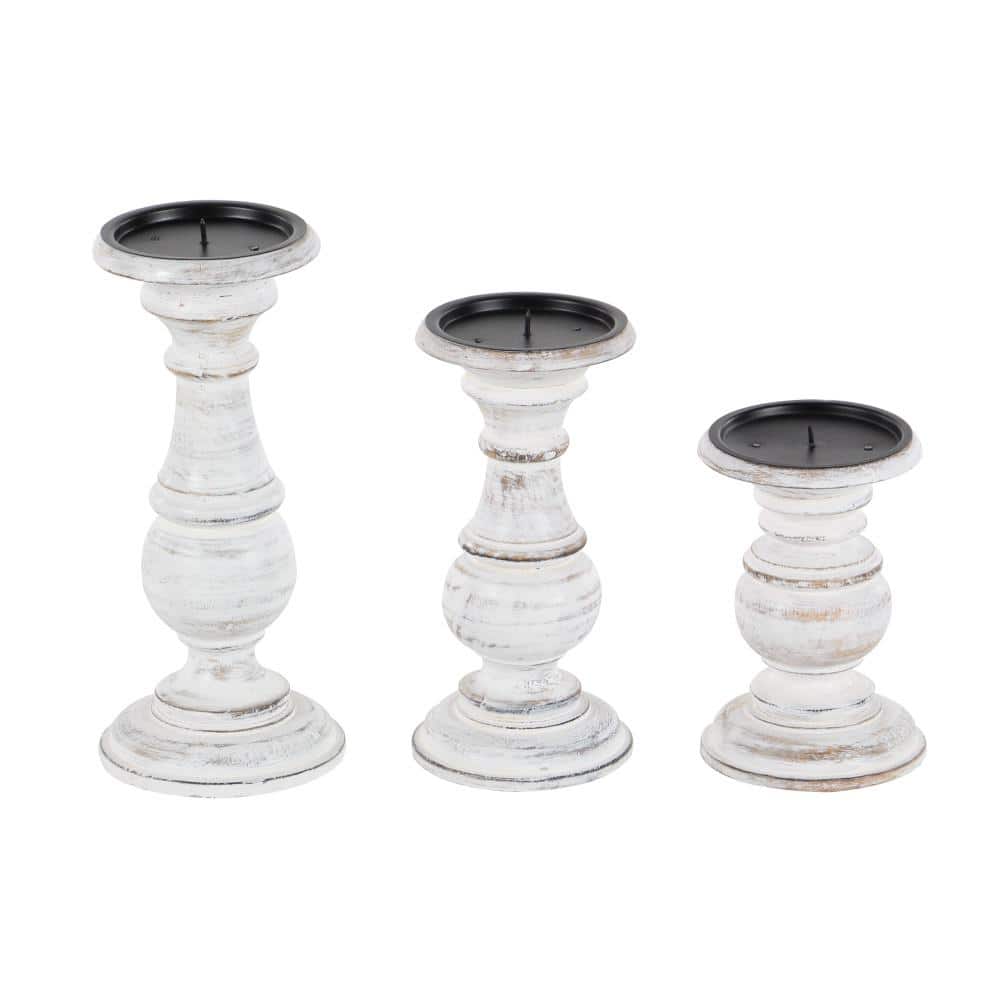Set of 3 White Distressed Wood Pillar Candle Holders