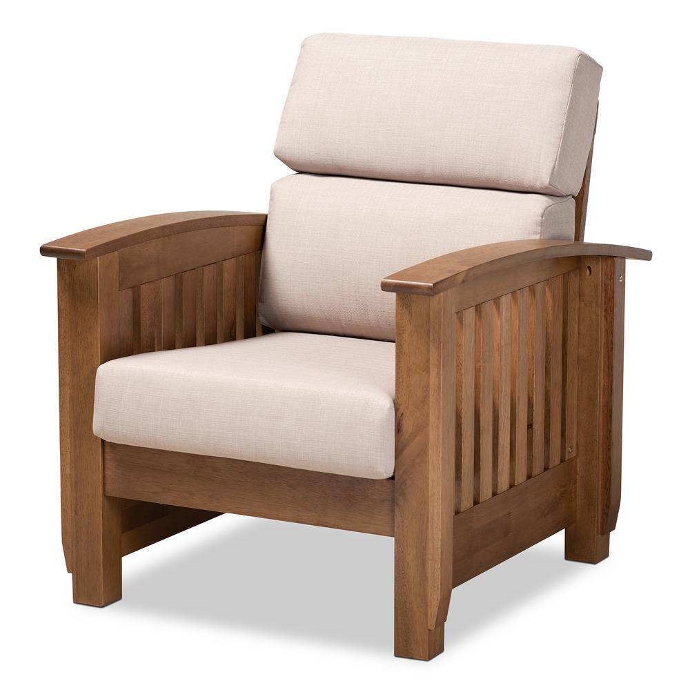 Walnut Brown and Taupe Leather Accent Chair with Slatted Back