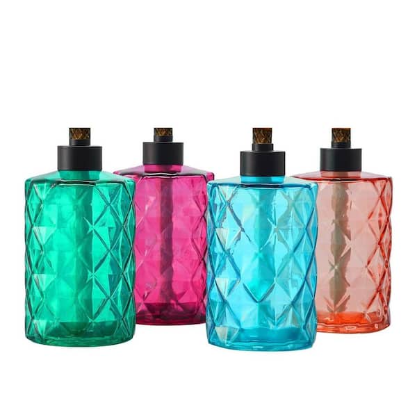 4 Pack Multicolor Glass Table Top Citronella Torches with Wick and Cap Refillable Decorative Lantern for Outdoor Party