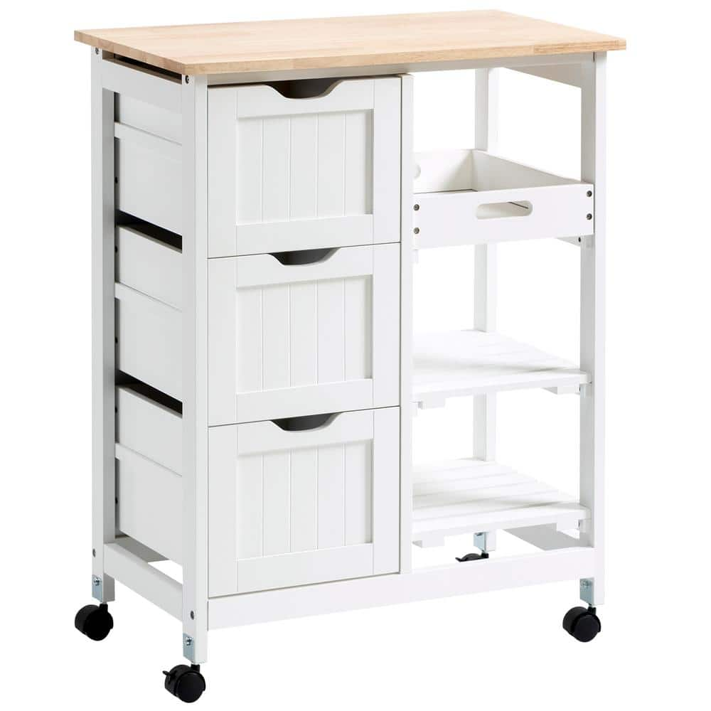 HOMCOM White Rubberwood Top Kitchen Cart with Drawer Storage and ...