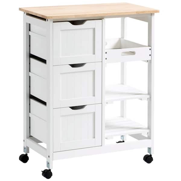 HOMCOM White Rubberwood Top Kitchen Cart with Drawer Storage and Shelves