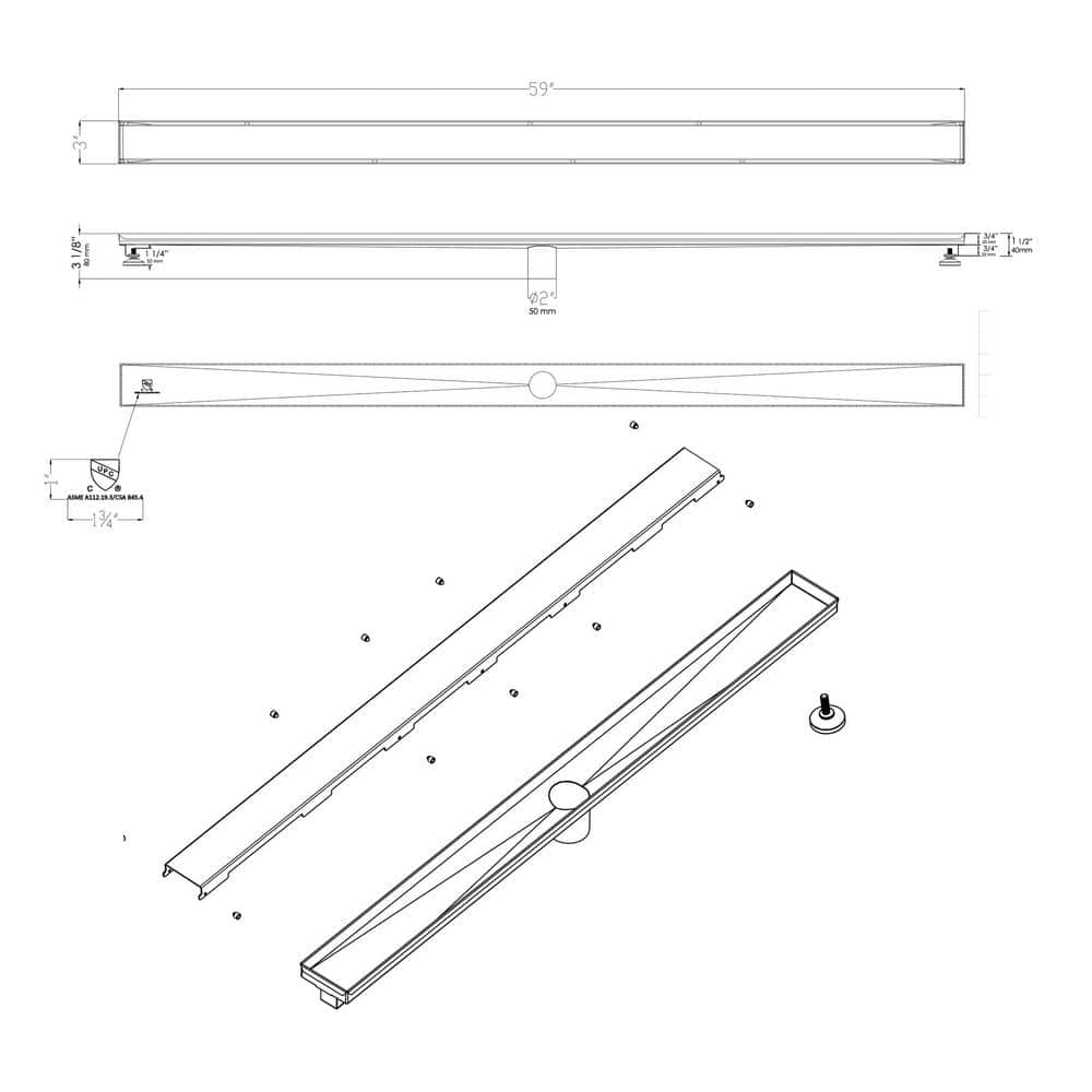 59'' Brushed Stainless Steel Linear Shower Drain with Solid Cover