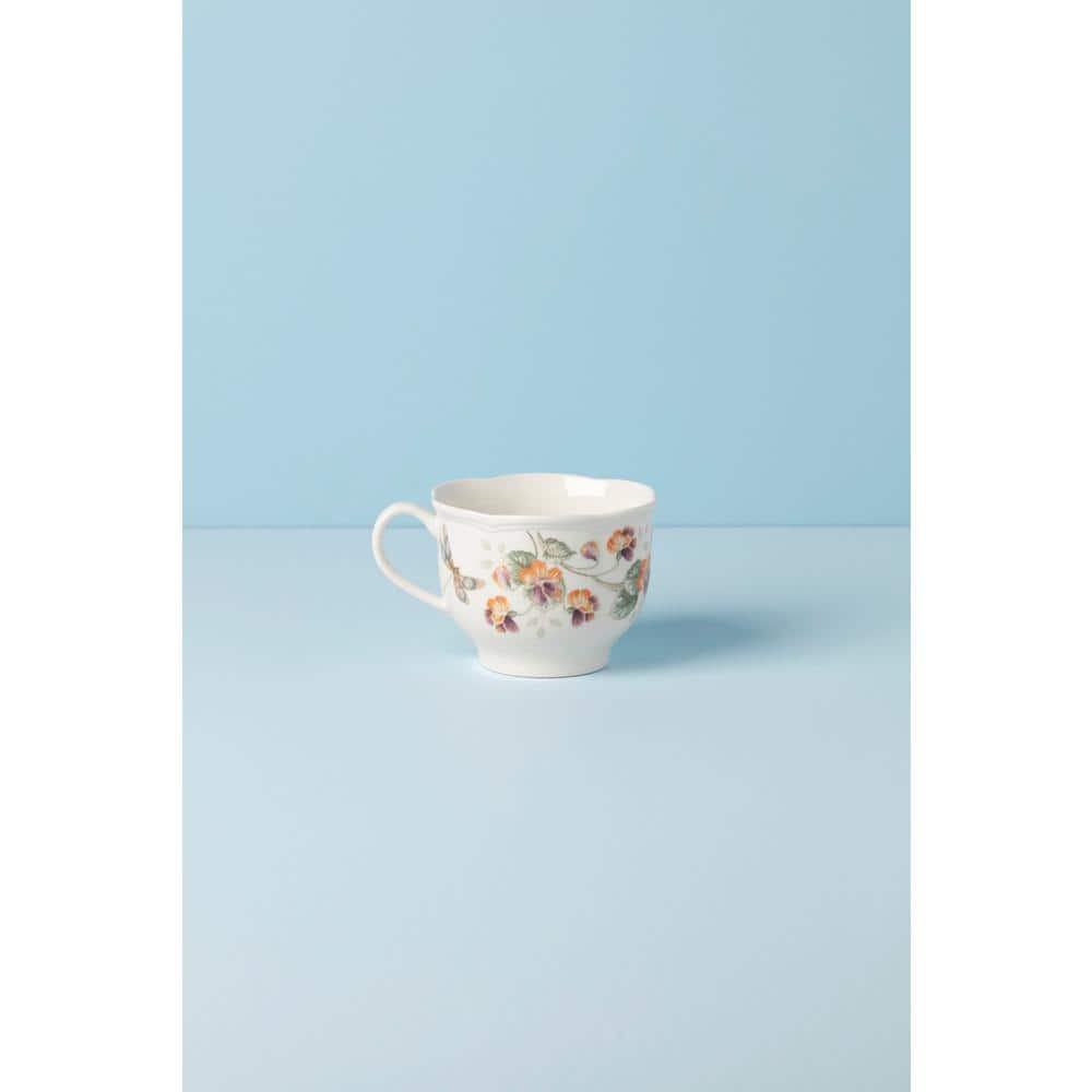 White Ceramic Butterfly Floral Latte Mug Set, 2-Piece