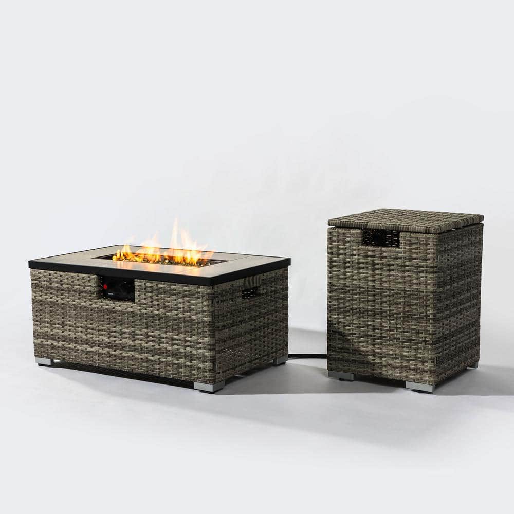 32 in. Beige Rectangle 40,000 BTU Rattan Outdoor Propane Gas Fire Pit Table