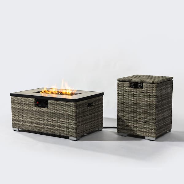 Unbranded 32 in. Beige Rectangle 40,000 BTU Rattan Outdoor Propane Gas Fire Pit Table with Propane Tank Holder