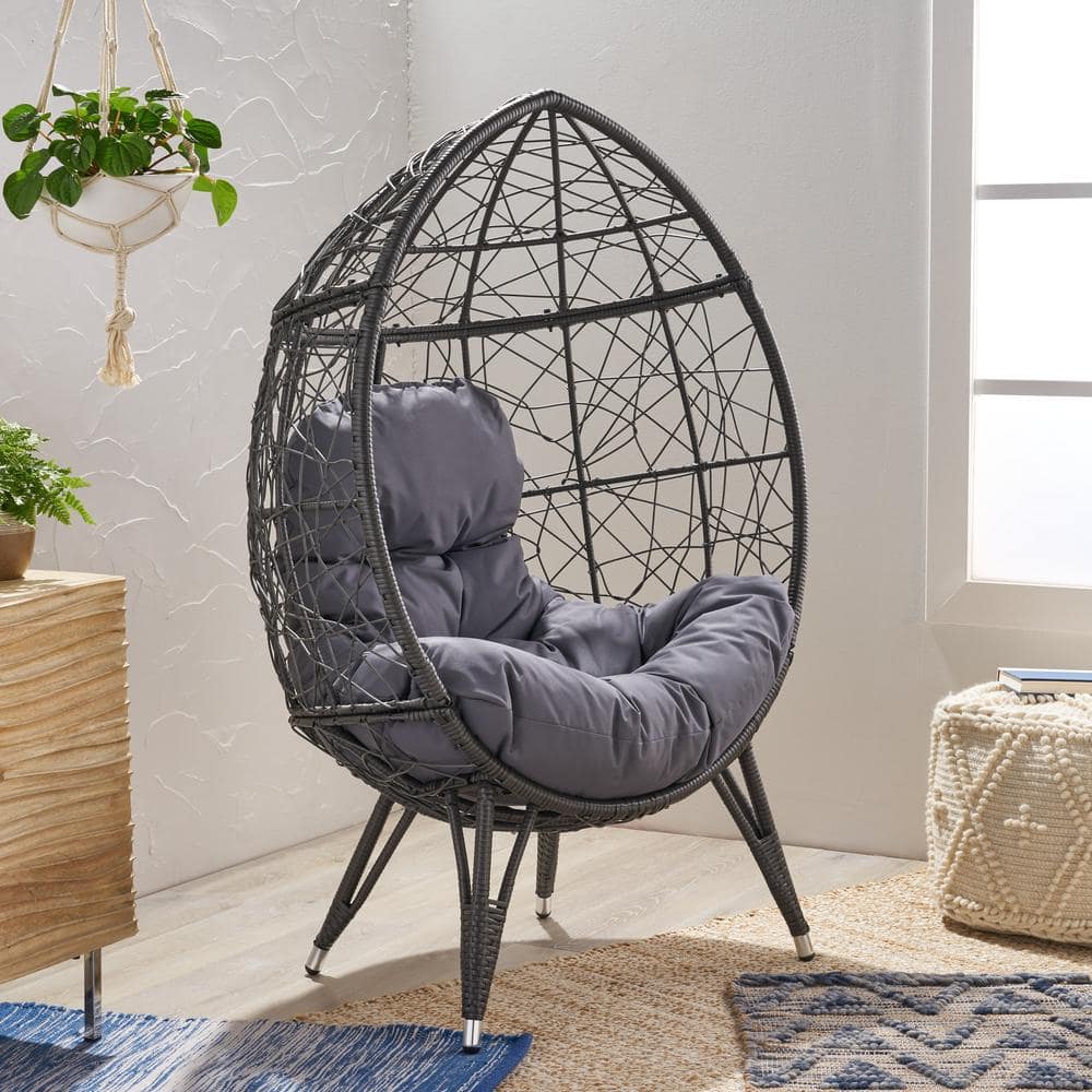 Gray Metal Oval Egg Chair with Dark Gray Cushions