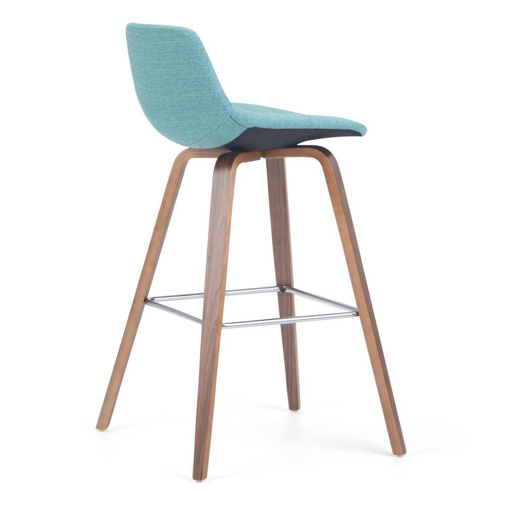 Aqua Blue Linen Bentwood Counter Height Stools with Chrome Footrest, Set of 2