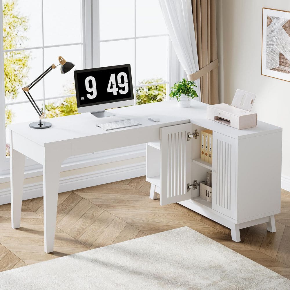 Moronia 57 in. White Wood L-Shaped Desk, Computer Desk with Cabinet and Open Shelf, Corner Desk for Home Office