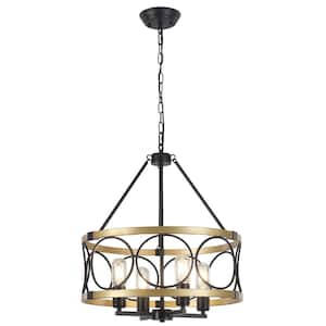 4-Light Black and Gold Industrial Drum Chandelier, Dimmable Cage Hanging Ceiling Light with Metal Shade