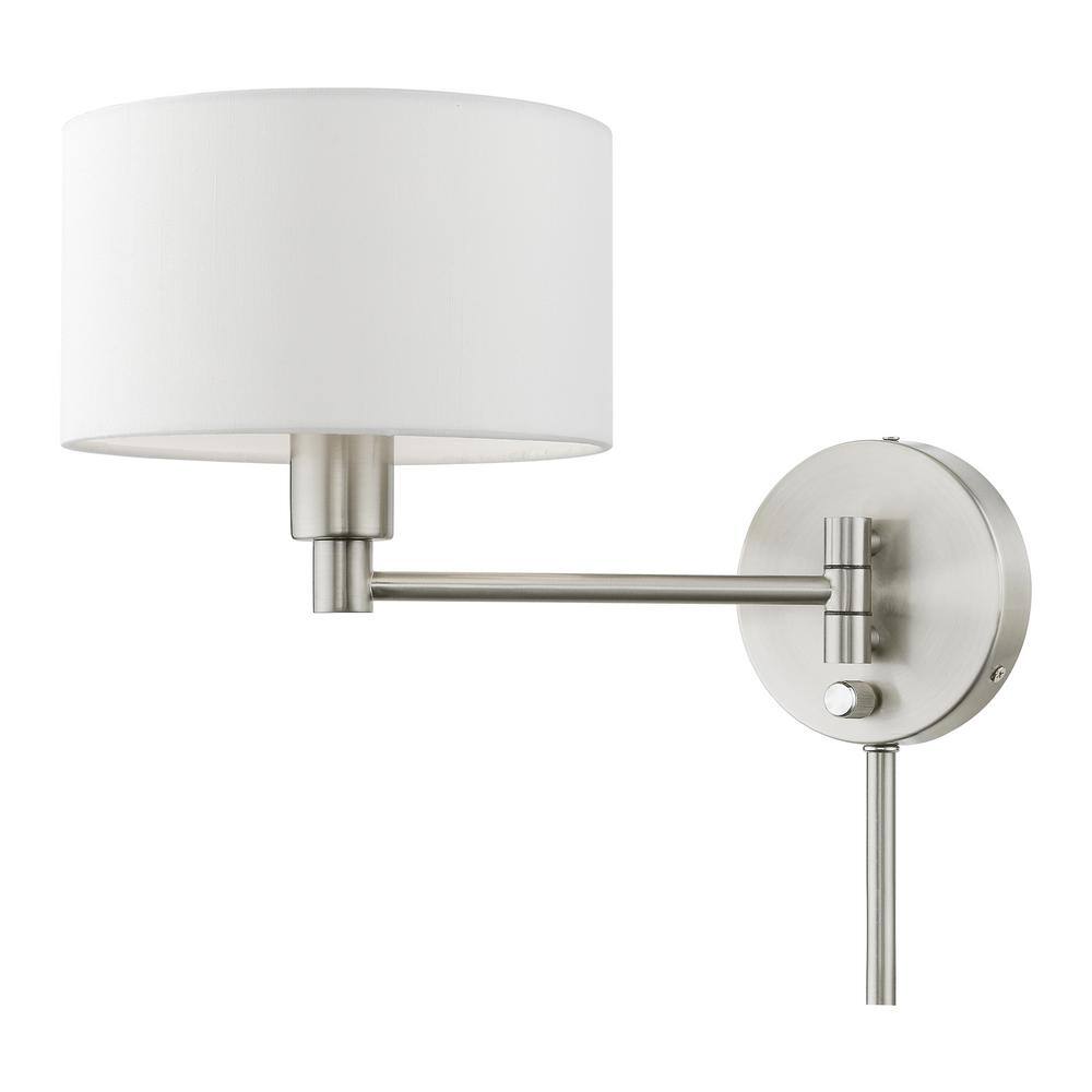 Transitional Brushed Nickel Swing Arm Wall Lamp with Off-White Shade