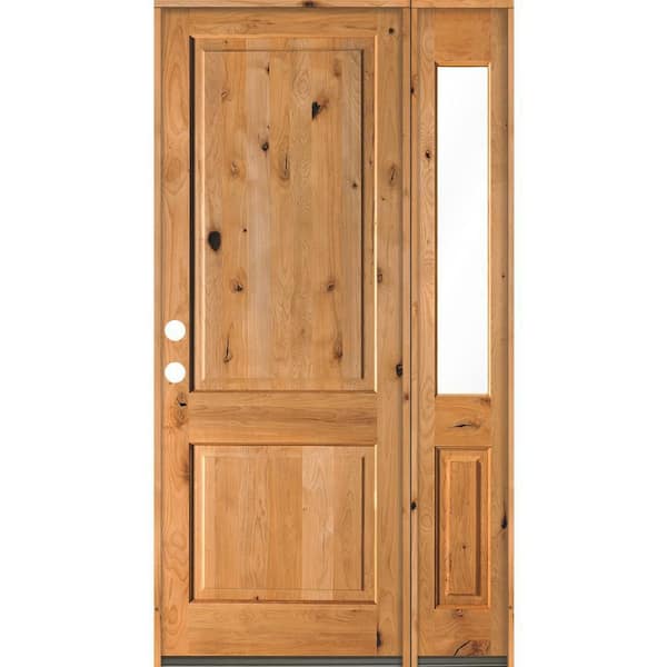 Krosswood Doors 56 in. x 96 in. Rustic knotty alder Right-Hand/Inswing Clear Glass Clear Stain Square Top Wood Prehung Front Door w/RHSL