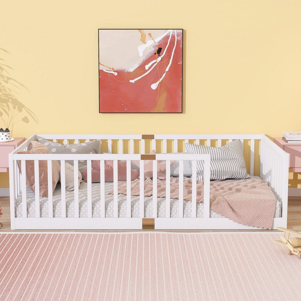 Emlen White Wood Frame Twin Size Platform Bed with High Fence Railings price history on PriceWatchPro