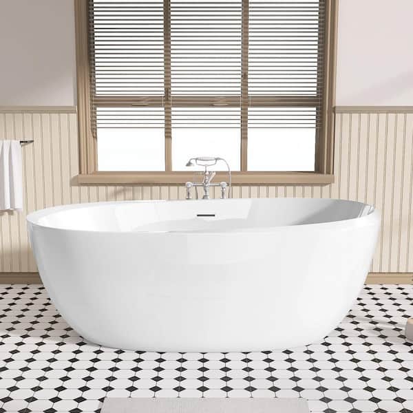 Getpro 59 in. x 29.5 in. Acrylic Freestanding Flat Bottom Bath Tub Soaking with Center Drain Free Standing Bathtub in White