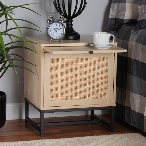 Baxton Studio Caterina 1-Door Natural Brown and Black Nightstand (22 in. H x 18.9 in. W x 15.7 in. D)