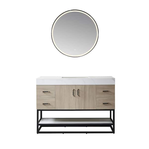 ROSWELL Toledo 48 in. W x 22 in. D x 34 in. H Single Sink Bath Vanity in Light Walnut with White Composite Stone Top and Mirror
