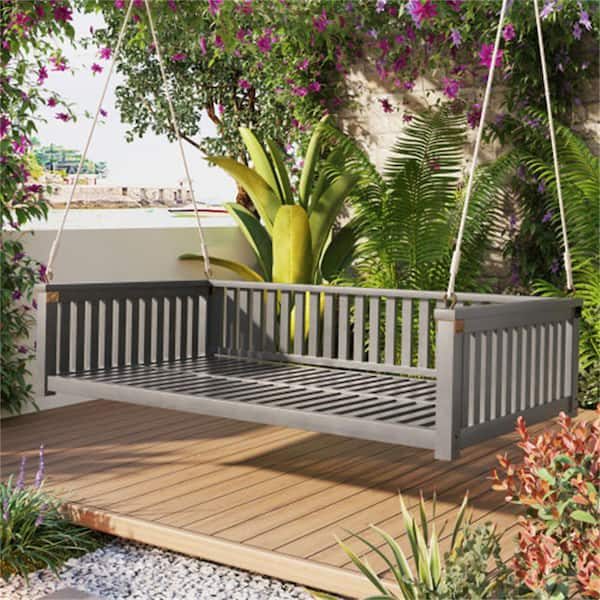Unbranded 79.1 in. Gray Patio Minimalist Twin Size Garden Swing Bed Acacia Wood Porch Swing with Ropes