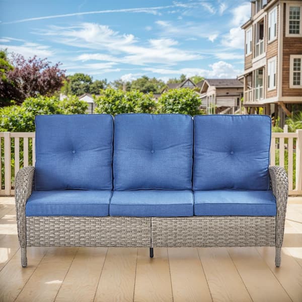 moosprr 3-Seat Gray PE Wicker Outdoor Couch with Blue Cushions and Flat Armrests