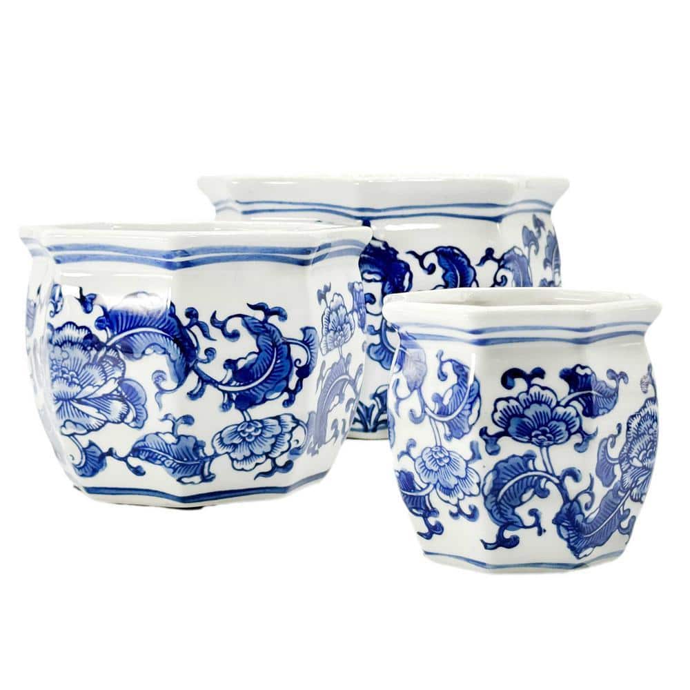 Blue and White Round Floral Ceramic Pots Fluted Lip (Set of 3) price history on PriceWatchPro